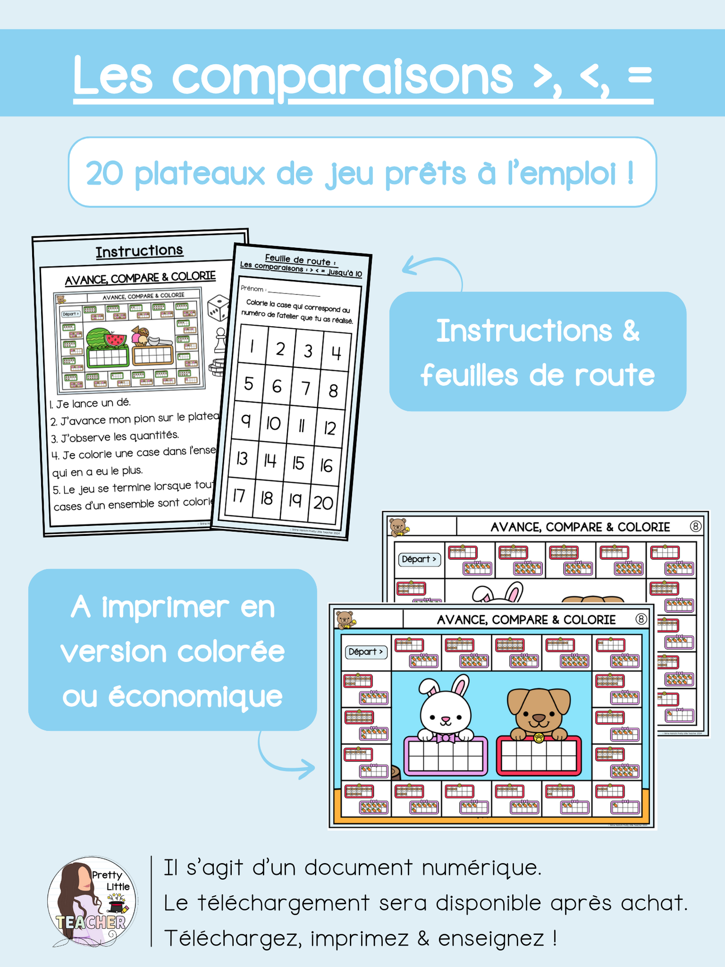 Comparaison (>, < ou =) de nombres jusqu'à 10