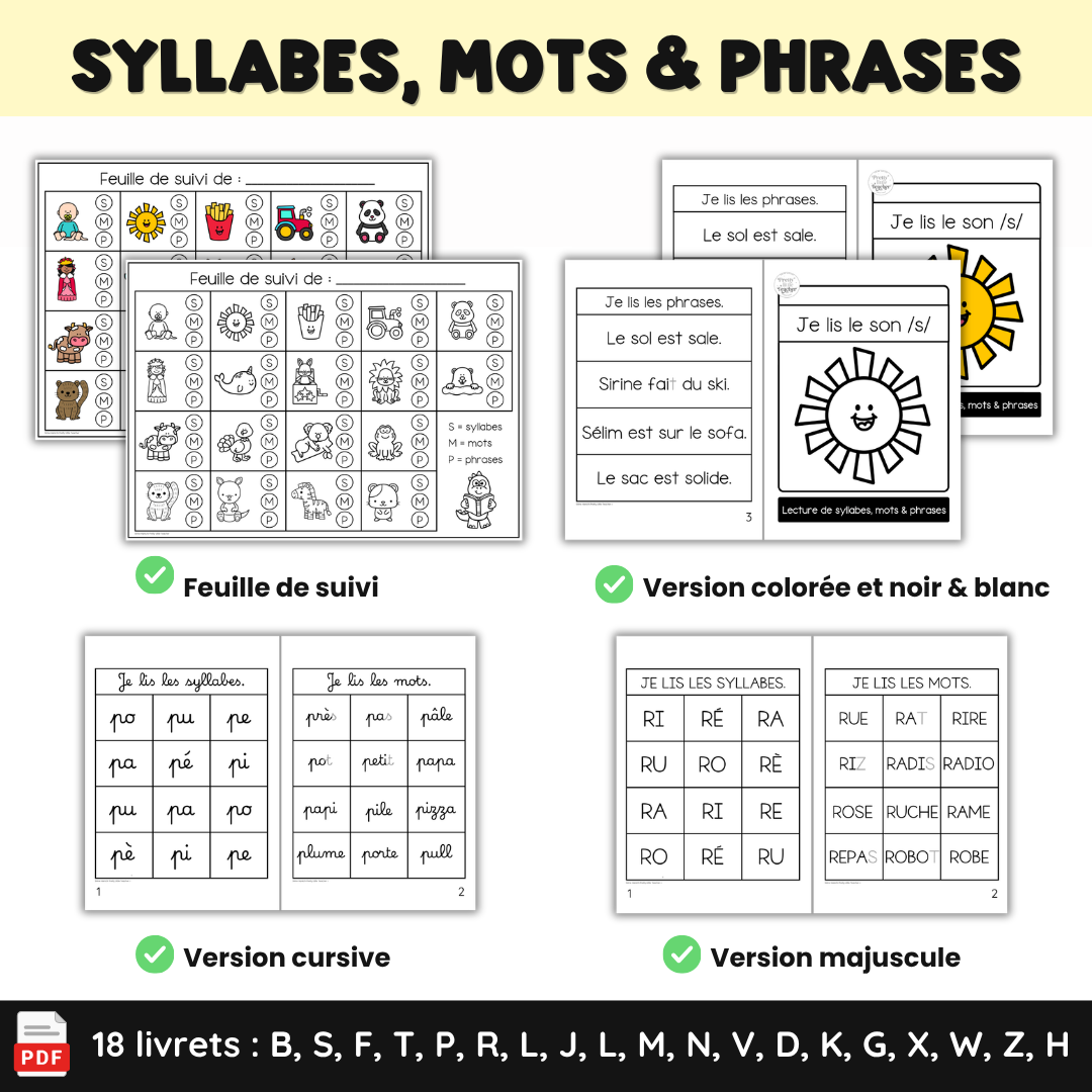 Apprendre à lire les syllabes, mots et phrases (18 livrets de sons simples)