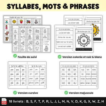Apprendre à lire les syllabes, mots et phrases (18 livrets de sons simples)