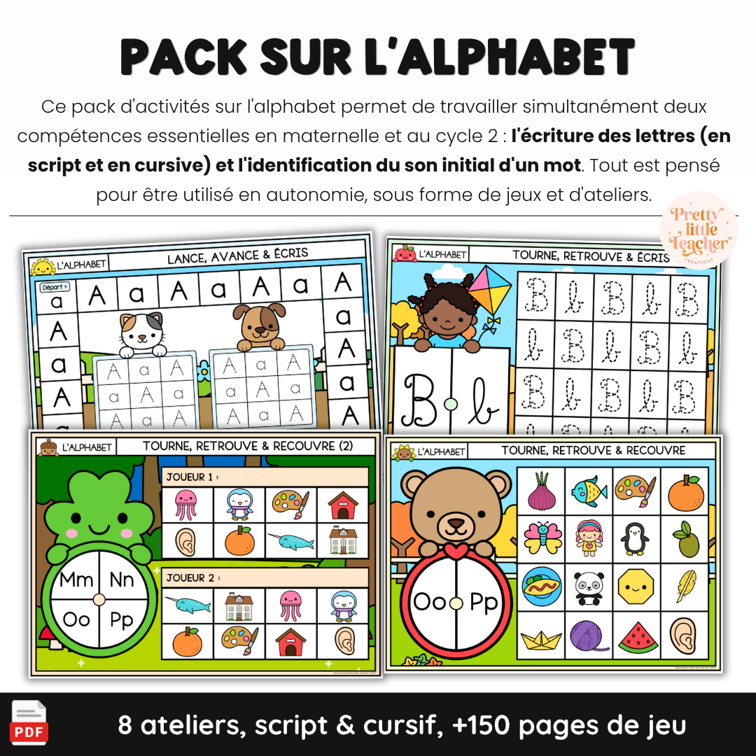 Pack d'activités sur l'alphabet : écriture des lettres et son initial