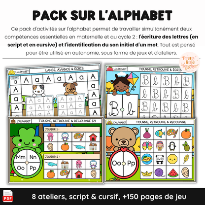 Pack d'activités sur l'alphabet : écriture des lettres et son initial