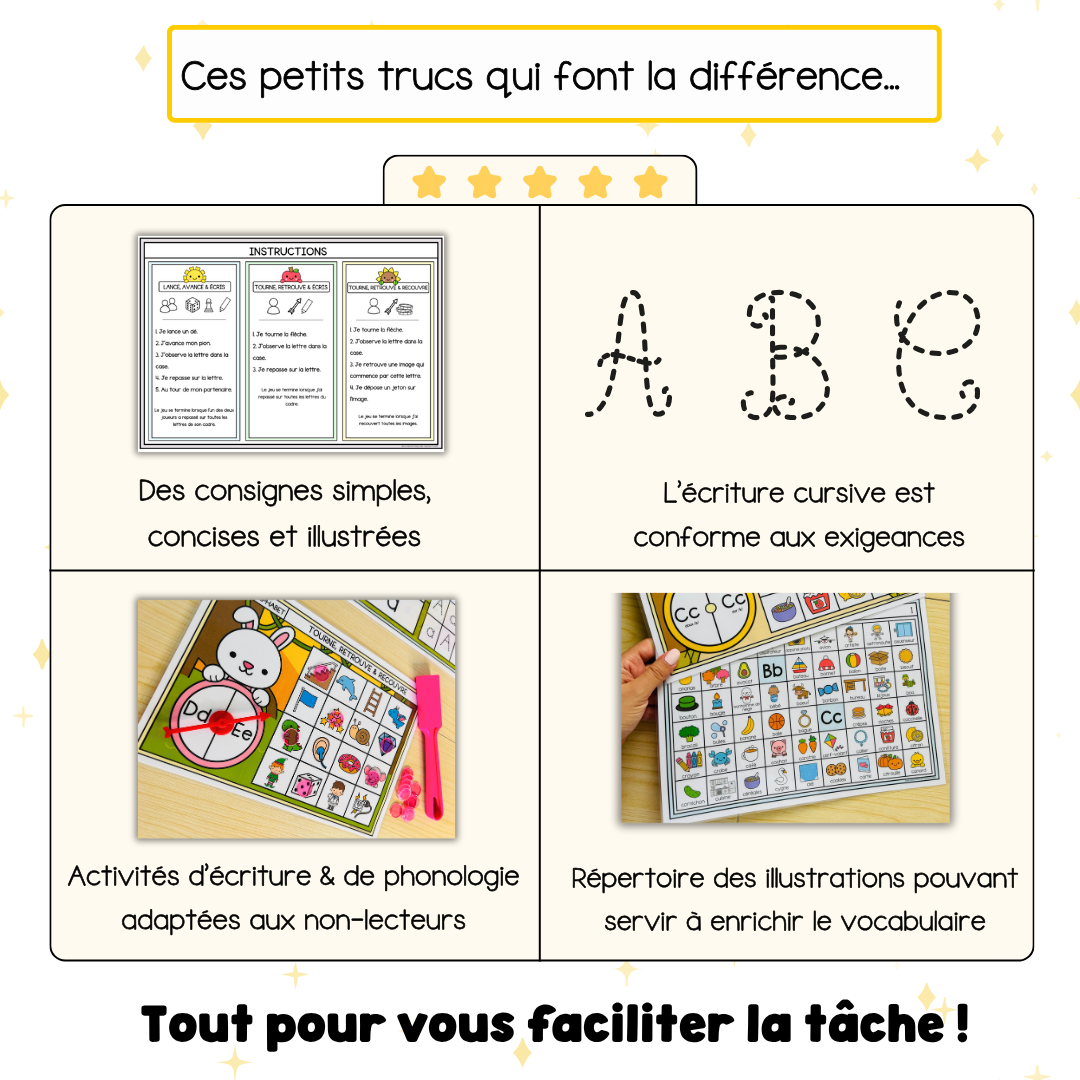Pack d'activités sur l'alphabet : écriture des lettres et son initial