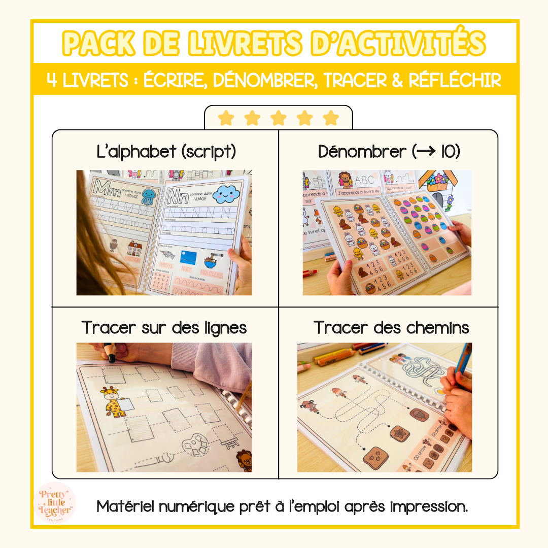 Pack de 4 livrets d'activités pour la maternelle : écrire, dénombrer et tracer