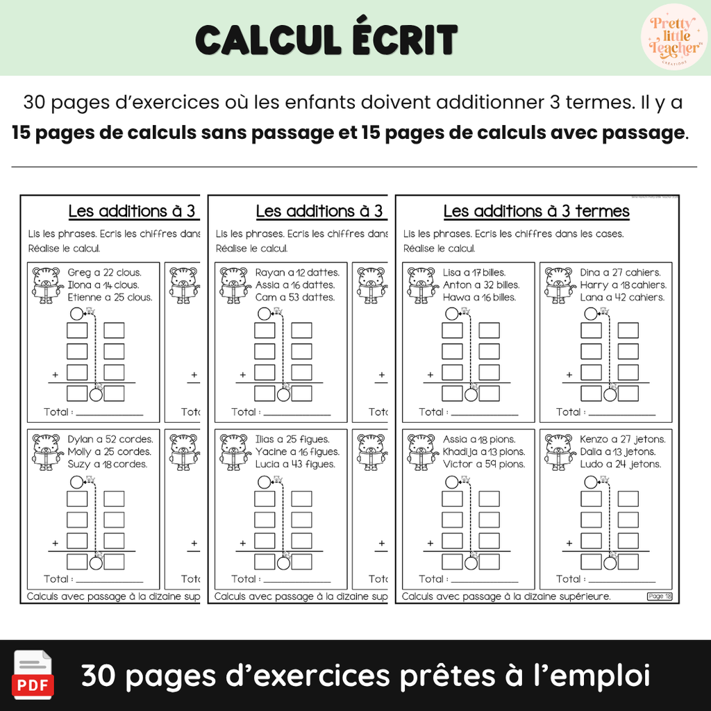 Livret : les additions à 3 termes (→ 100)
