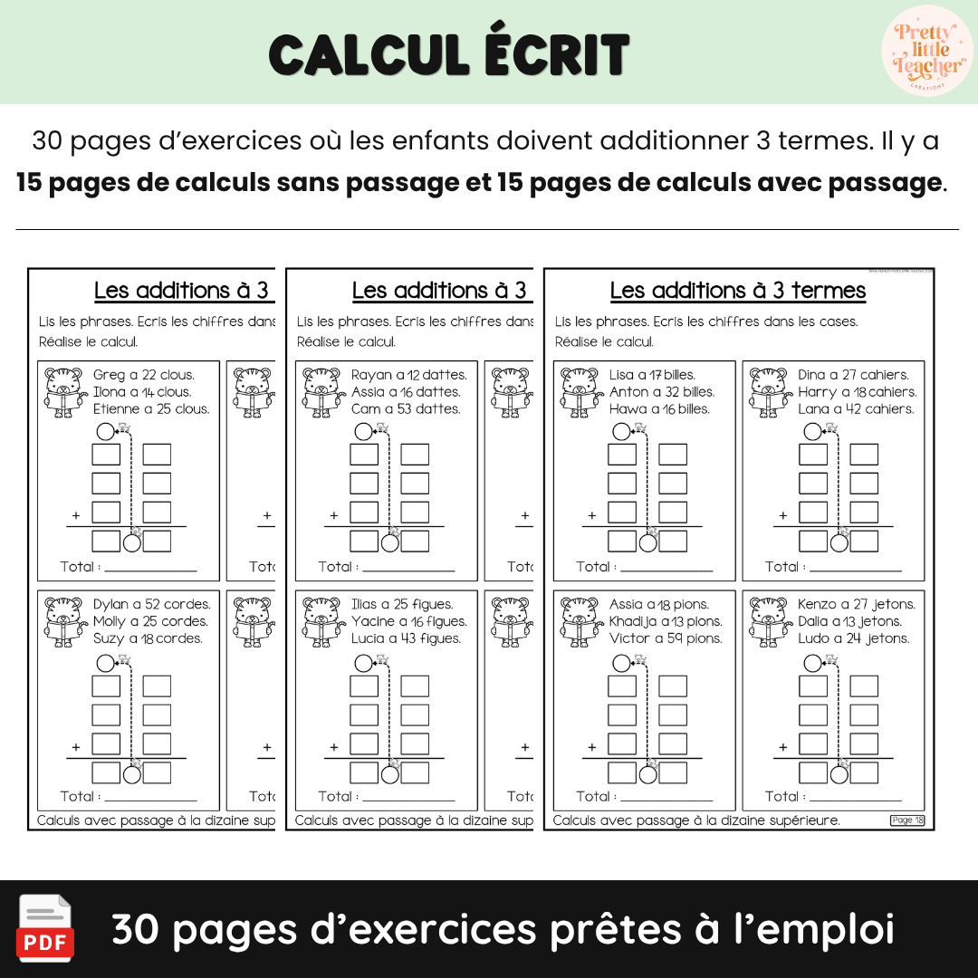 Livret : les additions à 3 termes (→ 100)