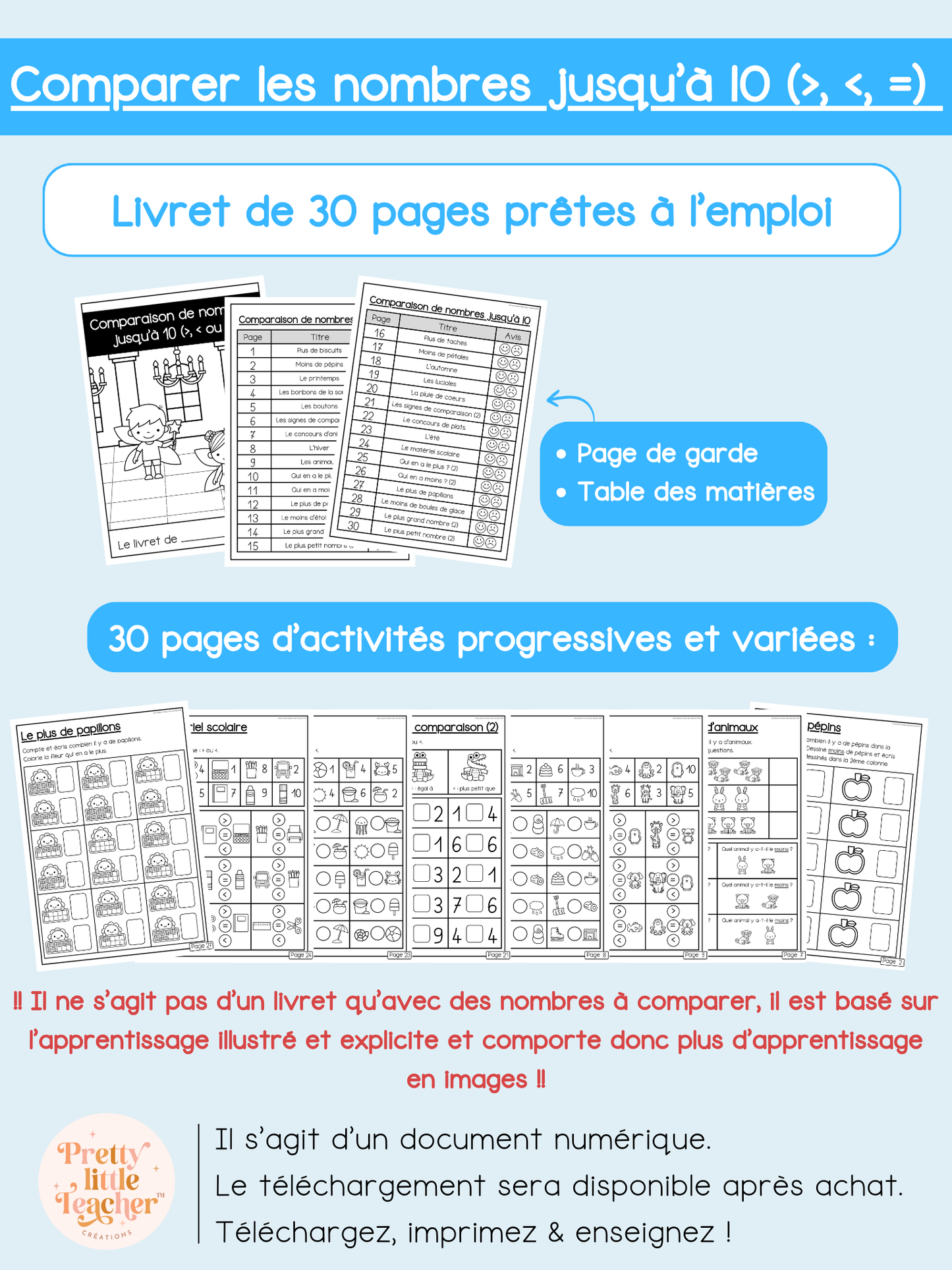 Livret : comparaison de nombres jusqu'à 10 (>, <, =)