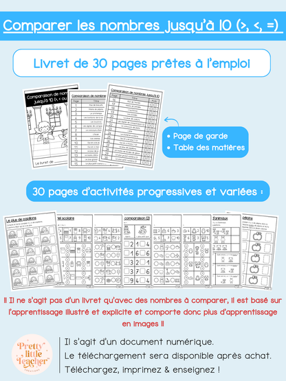 Livret : comparaison de nombres jusqu'à 10 (>, <, =)